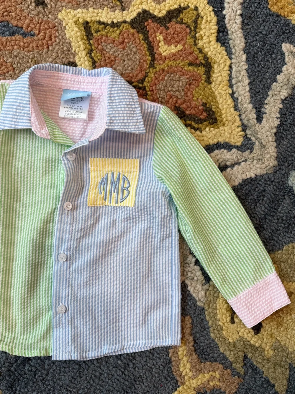 Classic Whimsy Monogram Pastel Seersucker Button-Down Shirt for Kids MBM